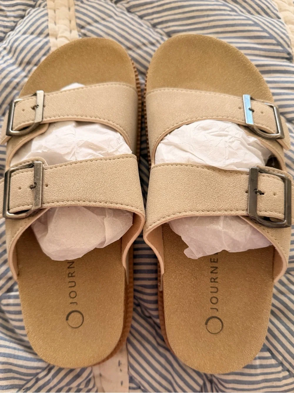 Journee Collection Beige Double-Buckle Slide Sandals with Metal Buckles
